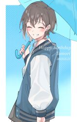 Rule 34 | 1girl, absurdres, bang dream!, bang dream! it&#039;s mygo!!!!!, blue background, blue sweater vest, blue umbrella, blush, brown hair, closed eyes, commentary request, earrings, grin, highres, holding, holding umbrella, jewelry, long sleeves, looking at viewer, nanami (nunnun 0410), shirt, short hair, smile, solo, sweater vest, takamatsu tomori, umbrella, upper body, white shirt