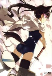 Rule 34 | 1girl, absurdres, animal ears, ass, black hair, cameltoe, clothing cutout, dutch angle, eyepatch, unworn eyepatch, from behind, glowing, glowing eye, hands on hilt, highres, jacket, jacket on shoulders, katana, long hair, looking back, military, military uniform, one-piece swimsuit, ponytail, purple eyes, sakamoto mio, school swimsuit, sky, smile, solo, strike witches, striker unit, swimsuit, sword, tail, tail through clothes, tel-o, uniform, weapon, world witches series