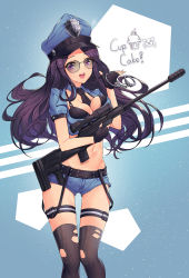 Rule 34 | 1girl, :d, bad id, bad pixiv id, belt, between breasts, black-framed eyewear, black bra, black gloves, black necktie, black thighhighs, bra, breast hold, breasts, caitlyn (league of legends), cleavage, commentary, crop top, cuffs, cupcake, dduck kong, denim, denim shorts, english text, fingerless gloves, food, gloves, groin, gun, handcuffs, hat, highres, holding, holding gun, holding weapon, league of legends, long hair, medium breasts, midriff, navel, necktie, officer caitlyn, open mouth, peaked cap, police, police badge, police hat, police uniform, policewoman, purple eyes, purple hair, rifle, scope, shirt, short shorts, short sleeves, shorts, signature, smile, sniper rifle, solo, standing, stomach, sunglasses, teeth, thigh strap, thighhighs, torn clothes, torn thighhighs, underwear, uniform, weapon, wing collar