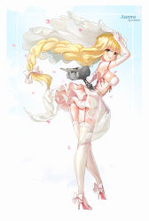 Rule 34 | 1girl, arm ribbon, artist name, ass, aurora (azur lane), azur lane, bare shoulders, blonde hair, bow, braid, breasts, bridal veil, character name, dress, elbow gloves, frilled dress, frills, gloves, gradient background, green eyes, hair bow, high heels, highres, large breasts, leaning forward, long braid, long hair, looking at viewer, open mouth, petals, pink ribbon, ribbon, shoes, short dress, single braid, solo, strapless, strapless dress, thighhighs, veil, very long hair, white background, white bow, white dress, white footwear, white thighhighs, wrist bow, wumumu