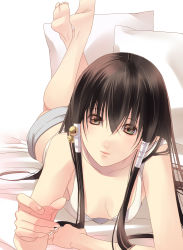 Rule 34 | 1boy, barefoot, bed, bell, black hair, brown hair, downblouse, feet, foreshortening, fuuchouin kazuki, getbackers, hair tubes, highres, long hair, lying, male focus, on stomach, papillon10, pillow, smile, solo, trap