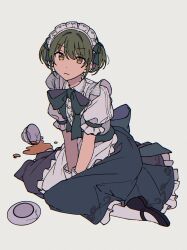Rule 34 | 1girl, apron, between legs, black bow, black bowtie, black ribbon, bow, bowtie, broken, broken cup, center frills, closed mouth, collared dress, commentary request, cup, dress, frilled apron, frilled dress, frilled sleeves, frills, full body, gloves, green hair, grey background, hair ribbon, highres, idolmaster, idolmaster shiny colors, looking at viewer, maid, maid apron, maid headdress, nanakusa nichika, niyororinpayamaru, official alternate costume, on floor, puffy short sleeves, puffy sleeves, ribbon, saucer, serious, short hair, short sleeves, short twintails, simple background, sitting, socks, solo, spill, teacup, twintails, v-shaped eyebrows, v arms, waist bow, wariza, white apron, white gloves, white socks, yellow eyes