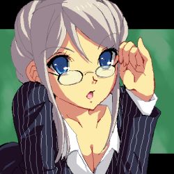 Rule 34 | 1girl, :o, adjusting eyewear, avril vent fleur, blue eyes, breasts, cleavage, collarbone, enoo, formal, glasses, jaggy lines, long hair, long sleeves, looking at viewer, lowres, oekaki, open mouth, pinky out, pinstripe pattern, sidelocks, silver hair, solo, striped, suit, upper body, wild arms, wild arms 5