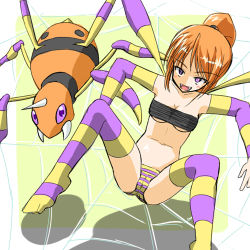 Rule 34 | 1990s (style), 1girl, ariados, arm warmers, bra, breasts, bug, cameltoe, cleavage, creatures (company), fangs, female focus, game freak, gen 2 pokemon, gloves, lingerie, lowres, moemon, multicolored clothes, multicolored legwear, nintendo, orange hair, panties, patterned legwear, personification, pokemon, pokemon (creature), pokemon gsc, purple eyes, purple thighhighs, retro artstyle, silk, spider, spider web, striped clothes, striped panties, striped thighhighs, tenjou ryuka, thighhighs, two-tone stripes, underwear, yellow thighhighs