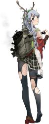 Rule 34 | 10s, 1girl, antlers, braid, cape, damaged, from behind, fujikawa, full body, grey eyes, hairband, horns, kantai collection, long hair, looking back, machinery, official art, pantyhose, plaid, plaid skirt, pleated skirt, pout, santa costume, school uniform, shoes, single shoe, skirt, smoke, solo, thighhighs, torn clothes, torn legwear, transparent background, yamagumo (kancolle)