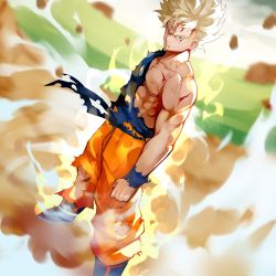 Rule 34 | 1boy, aqua eyes, aura, blonde hair, blood, blood from mouth, boots, clenched hand, cuts, dougi, dragon ball, dragonball z, dutch angle, floating rock, highres, injury, looking at viewer, male focus, manly, muscular, pants, sash, serious, solo, son goku, spiked hair, super saiyan, super saiyan 1, torn clothes, torn pants, wristband, yoshio (55level)
