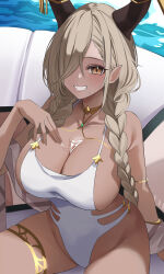 Rule 34 | azur lane, black horns, blush, braid, breasts, brown hair, casual one-piece swimsuit, cleavage, clothing cutout, collarbone, dark-skinned female, dark skin, grin, groin, hair over one eye, halterneck, highres, horns, large breasts, long hair, looking at viewer, mole, mole under mouth, official alternate costume, one-piece swimsuit, one eye covered, owari (azur lane), owari (shimmering forsythia) (azur lane), side cutout, smile, soar sora222, swimsuit, thighlet, twin braids, very long hair, wakamezake, white one-piece swimsuit