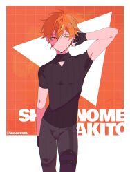Rule 34 | 1boy, black gloves, black shirt, blonde hair, character name, closed mouth, commentary, ear piercing, earrings, english commentary, fingerless gloves, gloves, highres, jewelry, male focus, multicolored hair, orange eyes, orange hair, piercing, project sekai, shinonome akito, shirt, short sleeves, solo, streaked hair, teacrown, twitter username, two-tone hair