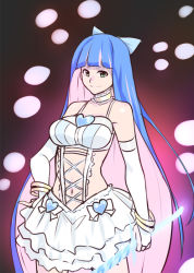 Rule 34 | 10s, 1girl, blue hair, bow, bracelet, breasts, choker, colored inner hair, hand on own hip, houtengeki, jewelry, large breasts, long hair, multicolored hair, navel, panty &amp; stocking with garterbelt, solo, stocking (psg), striped, sword, two-tone hair, weapon