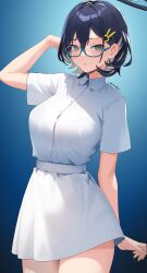 Rule 34 | 1girl, absurdres, alternate costume, arm up, belt, blue archive, blue background, blue eyes, blue hair, bra visible through clothes, breasts, chihiro (blue archive), collared shirt, colored inner hair, commentary, cowboy shot, dress, futsukayoi, glasses, gradient background, grey hair, hair between eyes, hair ornament, halo, highres, large breasts, looking at viewer, multicolored hair, open mouth, rabbit hair ornament, semi-rimless eyewear, shirt, short hair, short sleeves, solo, standing, twitter username, white belt, white dress