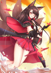 Rule 34 | 1girl, aircraft, airplane, akagi (azur lane), animal ears, asymmetrical bangs, azur lane, black gloves, black kimono, blurry, blurry foreground, breasts, brown hair, collarbone, commentary request, depth of field, dutch angle, eyeliner, eyeshadow, fox ears, fox tail, gloves, highres, japanese clothes, kimono, kitsune, large breasts, lenxiao, lips, long hair, long sleeves, looking at viewer, looking to the side, makeup, multiple tails, ocean, open clothes, open kimono, parted lips, partially fingerless gloves, pleated skirt, red eyes, red skirt, skirt, solo, sunset, tail, thighhighs, v-shaped eyebrows, very long hair, water, wide sleeves, zettai ryouiki