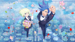 Rule 34 | 2boys, asymmetrical hair, black bow, black bowtie, black jacket, black pants, black suit, blue eyes, bob cut, bouquet, bow, bowtie, clenched hand, collared shirt, dress shoes, falling petals, fist pump, flower, formal, from above, full body, galo thymos, green hair, hair between eyes, hand on own hip, holding, holding bouquet, husband and husband, jacket, jewelry, lalatia-meai, lio fotia, long sleeves, looking at viewer, male focus, multiple boys, one eye closed, open mouth, pants, petals, promare, purple eyes, ring, shirt, smile, spiked hair, suit, suit jacket, waistcoat, wedding ring, white footwear, white shirt, yaoi
