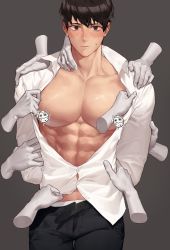Rule 34 | 1boy, abs, bara, belt, black hair, black pants, blush, buttons, closed mouth, collared shirt, groping, highres, jingji 19, large pectorals, looking at viewer, male focus, male underwear, male underwear peek, mature male, multigrope, multiple hands, muscular, muscular male, open belt, open clothes, open shirt, original, pants, pectorals, shirt, short hair, underwear, undressing another, white male underwear, white shirt
