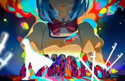 Rule 34 | 2girls, absurdres, blood, blood on face, blue background, blue blood, blue hair, bow, bowtie, cape, chinese commentary, colored blood, commentary request, dual persona, explosion, facing viewer, green blood, grey blood, head out of frame, highres, jacket, kong tiao bo zi, long sleeves, mahou shoujo madoka magica, mahou shoujo madoka magica (anime), miki sayaka, mitakihara school uniform, multicolored blood, multiple girls, open mouth, orange blood, pink blood, planted, planted sword, planted weapon, puffy long sleeves, puffy sleeves, purple blood, rainbow blood, red bow, red bowtie, school uniform, short hair, silhouette, size difference, sliced meat, standing, stylized blood, surreal, sword, tears, upper body, weapon, yellow blood, yellow jacket