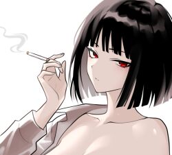 1girl black_hair cigarette collarbone collared_shirt highres holding holding_cigarette limbus_company long_sleeves medium_hair project_moon red_eyes ryoshu_(project_moon) shirt simple_background solo upper_body vvernerluniq white_background white_shirt