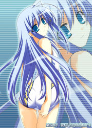 Rule 34 | 00s, 1girl, 2006, adjusting clothes, adjusting swimsuit, ahoge, ass, blue eyes, blue hair, flat chest, from behind, head tilt, ibuki pon, long hair, looking back, lyrical nanoha, mahou shoujo lyrical nanoha, mahou shoujo lyrical nanoha a&#039;s, mahou shoujo lyrical nanoha strikers, matching hair/eyes, one-piece swimsuit, reinforce zwei, smile, solo, swimsuit, thigh gap, thighs, trefoil, zoom layer