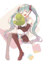 Rule 34 | 1girl, ^ ^, aqua hair, black footwear, black thighhighs, boots, closed eyes, detached sleeves, closed eyes, hatsune miku, highres, knees together feet apart, long hair, hugging object, open mouth, pillow, pillow hug, sentaro207, sitting, skirt, smile, solo, spring onion, thigh boots, thighhighs, twintails, very long hair, vocaloid, zettai ryouiki