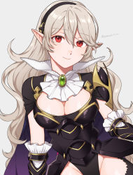 Rule 34 | 1girl, armored leotard, black hairband, black leotard, black thighhighs, breasts, brooch, cleavage, closed mouth, commentary, corrin (female) (fire emblem), corrin (fire emblem), cowboy shot, detached sleeves, fire emblem, fire emblem fates, frilled sleeves, frills, gem, green gemstone, grey background, grey hair, groin, hair between eyes, hairband, highleg, highleg leotard, highres, jewelry, leotard, long hair, looking at viewer, medium breasts, nintendo, peach11 01, pointy ears, red eyes, simple background, smile, solo, thighhighs, thighs, twitter username