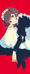 Rule 34 | 1girl, :&lt;, apron, black dress, black footwear, bow, brown eyes, brown hair, closed mouth, dress, expressionless, fetal position, frilled apron, frilled hairband, frilled sleeves, frills, from side, hair bow, hairband, hand on own knee, hand up, head tilt, hugging own legs, knees to chest, knees up, layered sleeves, long dress, looking at viewer, looking to the side, maeya susumu, maid, maid apron, maid headdress, original, puffy sleeves, red background, red bow, short hair, signature, simple background, sleeve bow, solo, swept bangs, white apron, white bow, white hairband