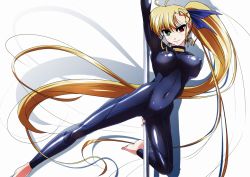 Rule 34 | 10s, 1girl, adapted costume, aged up, barefoot, blonde hair, bodysuit, breasts, breasts apart, covered erect nipples, covered navel, heterochromia, long hair, looking at viewer, lyrical nanoha, mahou shoujo lyrical nanoha vivid, medium breasts, pole, pole dancing, side ponytail, simple background, skin tight, smile, solo, stripper pole, tappa (esperanza), vivio