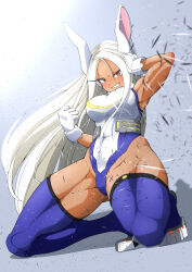 Rule 34 | 1girl, absurdres, animal ears, arm up, armpits, bare shoulders, boku no hero academia, breasts, clenched hand, covered navel, crescent print, dark-skinned female, dark skin, dust, floating hair, full body, fur collar, gloves, grey background, grin, hand on own head, highleg, highleg leotard, highres, isakoro (hx9cj), kneeling, large breasts, leotard, long eyelashes, long hair, looking at viewer, mirko, muscular, muscular female, parted bangs, purple thighhighs, rabbit ears, rabbit girl, red eyes, sleeveless turtleneck leotard, smile, solo, taut leotard, thick thighs, thighhighs, thighs, very long hair, white gloves, white hair, white leotard