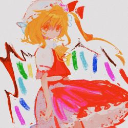 Rule 34 | 1girl, ascot, asymmetrical hair, blonde hair, bow, closed mouth, cowboy shot, crystal, dot mouth, dot nose, flandre scarlet, frilled skirt, frills, from side, hair between eyes, hat, hat bow, highres, looking at viewer, mob cap, no lineart, noise, one side up, puffy short sleeves, puffy sleeves, red bow, red skirt, red vest, ribbon-trimmed headwear, ribbon-trimmed sleeves, ribbon trim, short hair, short sleeves, simple background, skirt, sobamushi mo, solo, standing, touhou, vest, white background, white hat, wings, yellow ascot, yellow eyes