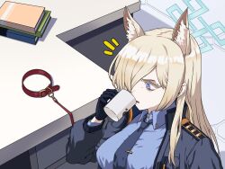 Rule 34 | 1girl, animal ear fluff, animal ears, belt collar, black giraffe, black gloves, black jacket, black necktie, blue archive, blue eyes, blue shirt, book, book stack, collar, commentary request, cup, desk, dog ears, dog girl, drinking, extra ears, facing away, gloves, hair over one eye, halo, highres, holding, holding cup, jacket, kanna (blue archive), light brown hair, long hair, long sleeves, looking away, mug, necktie, open clothes, open jacket, parted lips, police, police uniform, policewoman, sharp teeth, shirt, sidelocks, solo, teeth, tie clip, uniform