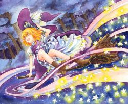Rule 34 | 1girl, :d, blonde hair, boots, broom, dress, female focus, flying, forest, frills, glowing, hair ribbon, happy, hat, hat ribbon, holding, holding clothes, holding hat, kirisame marisa, legs, long hair, magic, millipen (medium), nature, night, open mouth, painting (medium), ribbon, shiroaisa, shoes, short sleeves, smile, solo, star (symbol), touhou, traditional media, tree, watercolor (medium), witch, witch hat, yellow eyes