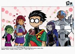 2girls 3boys beast_boy_(dc) black_hair cape cellphone closed_eyes colored_skin commentary cyborg cyborg_(dc) danishi dark-skinned_male dark_skin dc_comics domino_mask english_commentary forehead_jewel gloves green_hair green_skin grey_skin hands_on_own_cheeks hands_on_own_face heart highres holding holding_phone leotard long_hair mask midriff multiple_boys multiple_girls navel o_o orange_skin phone raven_(dc) robin_(dc) short_hair single_mechanical_eye sleeved_leotard smartphone smile sparkle starfire superhero_costume taking_picture tamaranean teen_titans thumbs_up