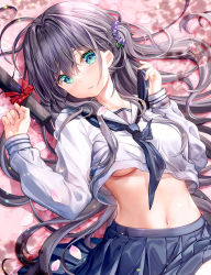 Rule 34 | 1girl, black hair, black neckerchief, black skirt, breasts, closed mouth, clothes lift, commentary request, fujima takuya, graduation, green eyes, hair between eyes, hands up, long hair, long sleeves, looking at viewer, medium breasts, navel, neckerchief, official art, one side up, original, petals, pleated skirt, shirt, shirt lift, skirt, sleeves past wrists, solo, underboob, very long hair, white shirt