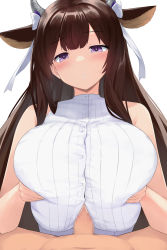 Rule 34 | 1boy, 1girl, animal ears, azur lane, bare shoulders, blush, breasts, brown hair, censored, clothed female nude male, clothed sex, cow ears, cow girl, cow horns, criss-cross halter, erection, eyebrows, hair ornament, hair ribbon, halterneck, hetero, highres, horns, huge breasts, kashino (azur lane), long hair, looking at viewer, mosaic censoring, nude, open mouth, paizuri, paizuri under clothes, pen (pen3), penis, pov, pov crotch, purple eyes, ribbon, simple background, sleeveless, sleeveless turtleneck, solo focus, sweater, turtleneck, turtleneck sweater, upper body