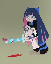 Rule 34 | 10s, 1boy, bad id, bad pixiv id, blood, blue eyes, blue hair, bow, colored inner hair, gothic lolita, helpriver, honekoneko, honekoneko (psg), lolita fashion, male focus, matching hair/eyes, multicolored hair, panty &amp; stocking with garterbelt, pink hair, solo, stocking (psg), striped clothes, striped thighhighs, stripes i &amp; ii, sword, thighhighs, two-tone hair, weapon