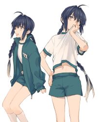 Rule 34 | 1other, ahoge, androgynous, black hair, blush, braid, braided ponytail, clothes lift, contemporary, fate/grand order, fate/samurai remnant, fate (series), fu rori, gym uniform, hair intakes, jacket, jersey, long hair, looking at viewer, midriff peek, multicolored hair, navel, orange eyes, shirt lift, short shorts, shorts, sidelocks, simple background, single braid, sleeves past wrists, socks, sweat, white background, white hair, white socks, wiping sweat, yamato takeru (fate)