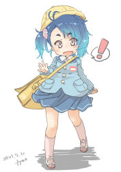 Rule 34 | !, 1girl, absurdres, artist name, bag, blue hair, blue shirt, blue skirt, brown eyes, commentary request, dated, fang, fukae (kancolle), full body, fyuo, gradient hair, hat, highres, kantai collection, kindergarten bag, kindergarten uniform, long sleeves, looking at viewer, multicolored hair, name tag, one-hour drawing challenge, pleated skirt, school hat, school uniform, shirt, short hair, side ponytail, sidelocks, simple background, skin fang, skirt, smock, solo, spoken exclamation mark, white background, yellow hat