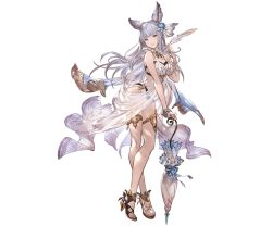 Rule 34 | 10s, 1girl, animal ears, bare shoulders, blue eyes, bracelet, breasts, cleavage, crossed legs, erune, flower, full body, granblue fantasy, hair flower, hair ornament, high heels, holding, jewelry, korwa, korwa (summer) (granblue fantasy), long hair, looking at viewer, medium breasts, minaba hideo, nail polish, official art, parasol, quill, see-through, silver hair, smile, solo, standing, swimsuit, transparent background, umbrella