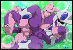 Rule 34 | 2boys, anal, ass juice, character request, dragon ball, dragonball z, erection, evil grin, evil smile, grin, highres, large penis, lying, majin buu, male focus, male penetrated, multiple boys, penis, saliva, sex, smile, teeth, yaoi
