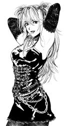 Rule 34 | 1girl, absurdres, amane misa, armpits, arms behind head, arms up, black lips, chain, choker, cowboy shot, cross, cross necklace, death note, detached sleeves, dress, greyscale, highres, jewelry, lace trim, long hair, looking at viewer, monochrome, mouth hold, my nameisyoon, necklace, open mouth, simple background, skull, solo, twintails, white background