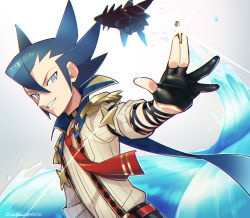 Rule 34 | 1boy, black gloves, blue cape, blue hair, cape, coin, commentary request, creatures (company), epaulettes, game freak, gen 3 pokemon, glint, gloves, grey eyes, grimsley (pokemon), grimsley (sygna suit) (pokemon), hair between eyes, highres, holding, holding coin, looking at viewer, male focus, mega pokemon, mega sharpedo, momoji (lobolobo2010), necktie, nintendo, official alternate costume, parted lips, partially fingerless gloves, pokemon, pokemon (creature), pokemon masters ex, red neckwear, sharpedo, shirt, sleeves rolled up, smile, spiked hair, suspenders, water, water drop