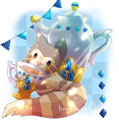 Rule 34 | :d, animal focus, artist name, blue background, brown fur, checkered background, commentary request, creatures (company), cup, furret, game freak, gen 2 pokemon, hanabusaoekaki, nintendo, no humans, open mouth, pokemon, pokemon (creature), smile, solid oval eyes, tea, teacup, teapot, two-tone fur, white fur