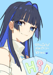 Rule 34 | 1girl, black hair, blue eyes, blue hair, blush, breasts, colored inner hair, detached sleeves, hair intakes, happy birthday, highres, hololive, hololive english, long hair, looking at viewer, medium breasts, multicolored hair, ouro kronii, solo, virtual youtuber, wada arco