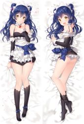 Rule 34 | 1girl, apron, bad id, bad twitter id, bed sheet, blue hair, blue ribbon, blush, commentary, dakimakura (medium), detached sleeves, double bun, full body, hair between eyes, hair bun, highres, hitsukuya, long hair, looking at viewer, love live!, love live! school idol project, lying, maid, maid apron, maid headdress, mogyutto &quot;love&quot; de sekkin chuu!, multiple views, on back, on side, open mouth, panties, ribbon, sample watermark, sonoda umi, underwear, watermark, white panties, yellow eyes