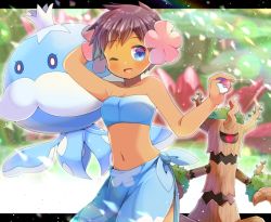 Rule 34 | 1girl, ;d, arm behind head, bandeau, bare arms, bare shoulders, blue bandeau, blue eyes, blurry, blurry background, breasts, brown hair, collarbone, creatures (company), crop top, crown, dark skin, depth of field, flower, game freak, gen 5 pokemon, gen 6 pokemon, hair flower, hair ornament, holding, holding poke ball, jellicent, jellicent (male), kou hiyoyo, letterboxed, looking at viewer, mini crown, navel, nintendo, one eye closed, open mouth, phoebe (pokemon), pink flower, poke ball, poke ball (basic), pokemon, pokemon (creature), pokemon rse, sarong, short hair, small breasts, smile, tree, trevenant