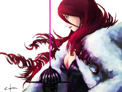 Rule 34 | 1girl, bodysuit, breasts, cleavage, coat, cotora rainbow, fur coat, highres, holding, holding sword, holding weapon, kirijou mitsuru, lips, lipstick, long hair, makeup, persona, persona 3, rapier, red hair, simple background, solo, sword, weapon, white background