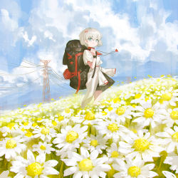 Rule 34 | 1girl, backpack, bag, blue eyes, blush, clothes around waist, day, field, flower, flower field, grey hair, highres, jewelry, looking at viewer, original, outdoors, pendant, power lines, reoen, short hair, short sleeves, smile, solo, standing, transmission tower