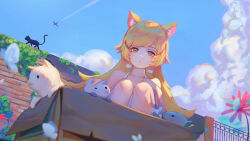 Rule 34 | 1girl, absurdres, animal ear fluff, animal ears, bare shoulders, blonde hair, box, brick wall, cardboard box, cat, cat ears, cloud, commentary request, day, dress, flower, gate, highres, long hair, looking at animal, monogatari (series), oshino shinobu, outdoors, petting, red flower, squatting, white dress, wuqing yanhui gang, yellow eyes