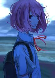 Rule 34 | 1girl, absurdres, backpack, bad id, bad pixiv id, bag, beach, black bag, blue eyes, cloud, cloudy sky, collared shirt, commentary request, eyebrows hidden by hair, floating hair, from side, hair between eyes, highres, kaf (kamitsubaki studio), kamitsubaki studio, looking at viewer, ocean, outdoors, parted lips, pink hair, red ribbon, ribbon, shirt, short hair, short sleeves, sky, solo, standing, tirudo29, upper body, virtual youtuber, white shirt, white sky, wind, yellow pupils