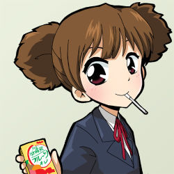 Rule 34 | 1girl, brown eyes, brown hair, drinking straw, face, juice box, k-on!, kono1, lowres, mouth hold, school uniform, short hair, smile, solo, suzuki jun, twintails