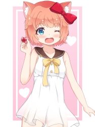 Rule 34 | 1girl, ;d, animal ears, blue eyes, bow, candy, cat ears, chocolate, chocolate heart, collarbone, commentary request, doki doki literature club, dress, fang, food, groin, hair bow, hair ribbon, heart, highres, holding, kemonomimi mode, looking at viewer, one eye closed, open mouth, pink hair, resolution mismatch, ribbon, sailor collar, sailor dress, sayori (doki doki literature club), see-through, short hair, sidelocks, simple background, smile, solo, source smaller, valentine, white dress, zendamu