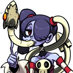 Rule 34 | 1girl, all the way through, bare shoulders, black hair, blue skin, colored skin, creature inside, detached collar, detached sleeves, hair over one eye, leviathan (skullgirls), long hair, red eyes, revision, saliva, sexually suggestive, side ponytail, skull, skullgirls, smile, solo, squigly (skullgirls), stitched mouth, stitches, striped, striped sleeves, transparent background, zombie, zone (artist)