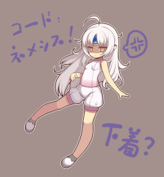 Rule 34 | 1girl, ahoge, elsword, eve (elsword), expressionless, forehead jewel, full body, grey background, highres, kinjo kuromomo, long hair, shaded face, shirt, shoes, shorts, solo, white hair, yellow eyes